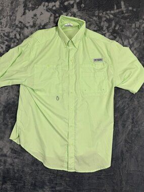 Columbia PFG Mens Short Sleeve Lime Green Button-Up Shirt Size M